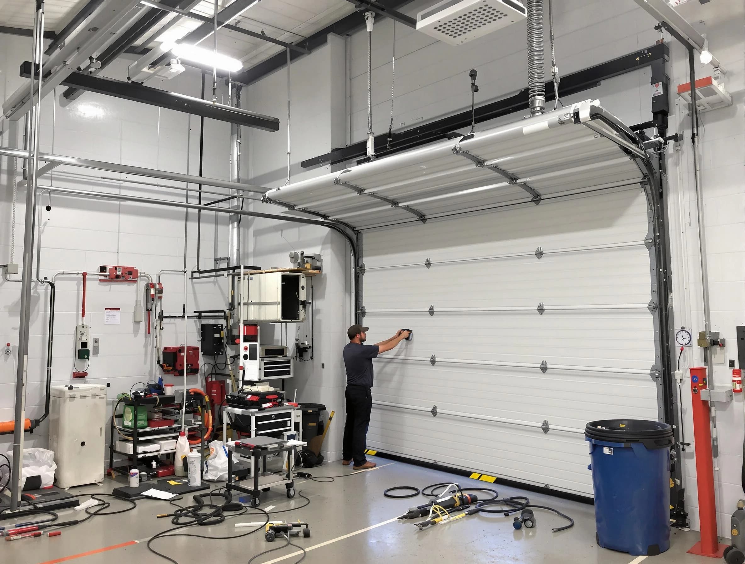Los Chaves Garage Door Repair certified technician performing commercial door repair at a Los Chaves business facility