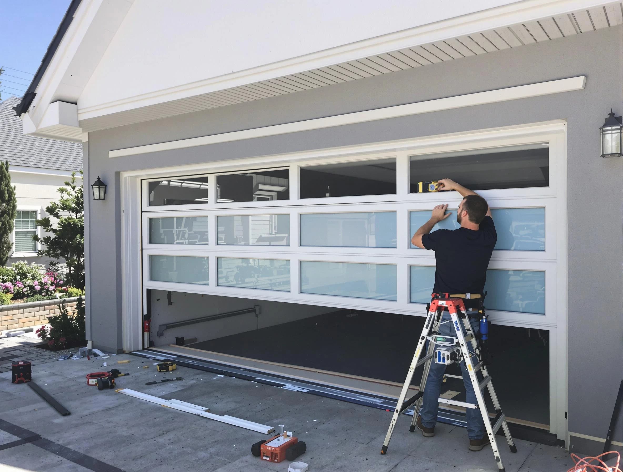 Los Chaves Garage Door Repair team performing garage door replacement in Los Chaves