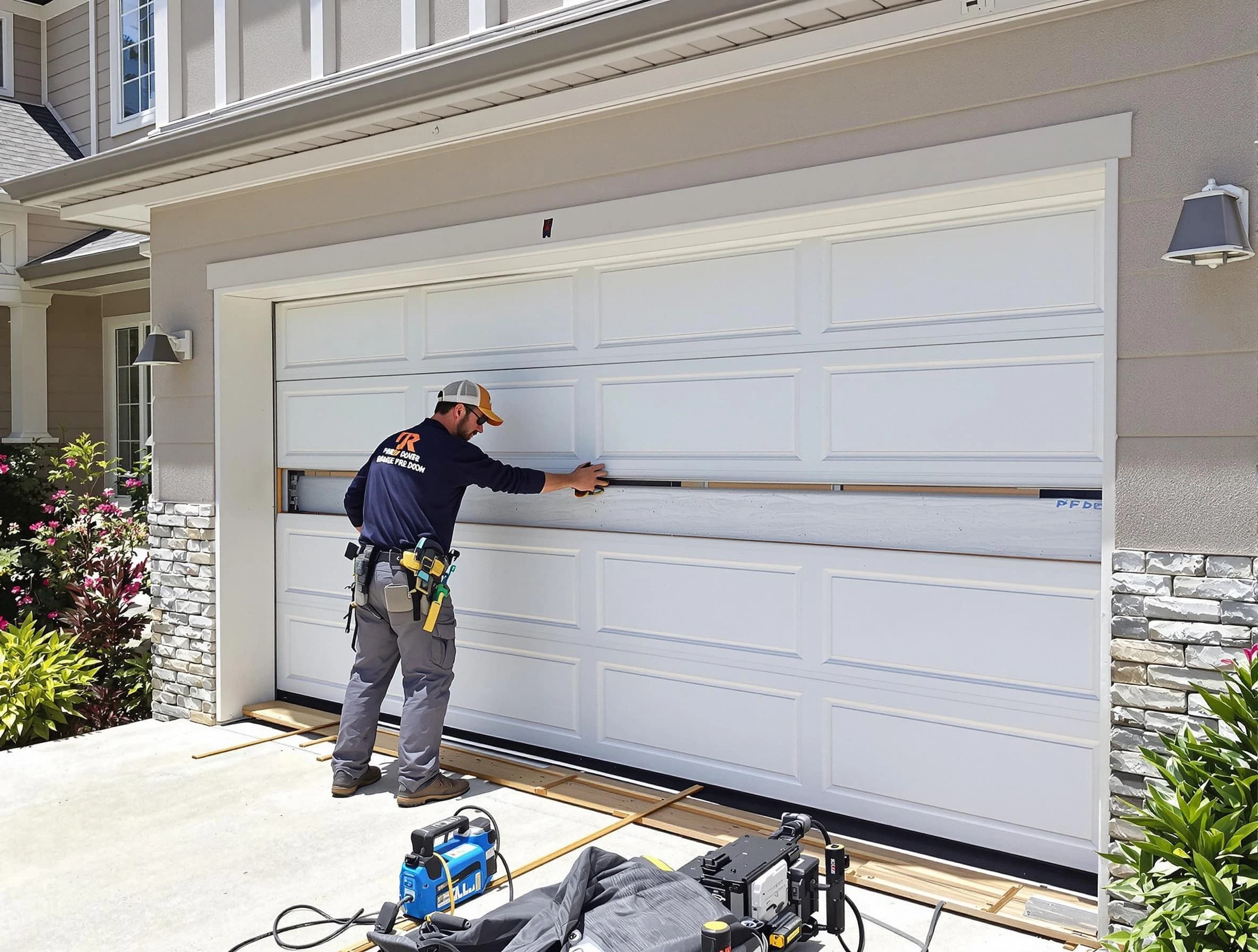 Los Chaves Garage Door Repair team performing complete garage door replacement at Los Chaves residence