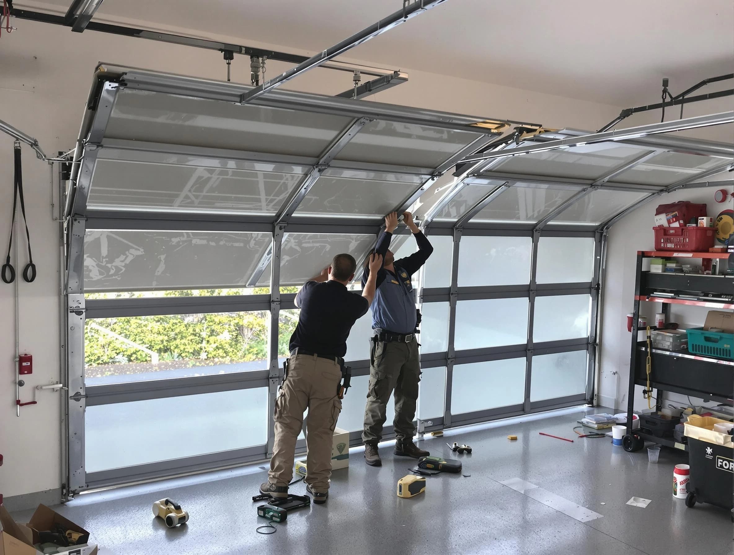 Los Chaves Garage Door Repair expert performing precise panel replacement on Los Chaves garage door