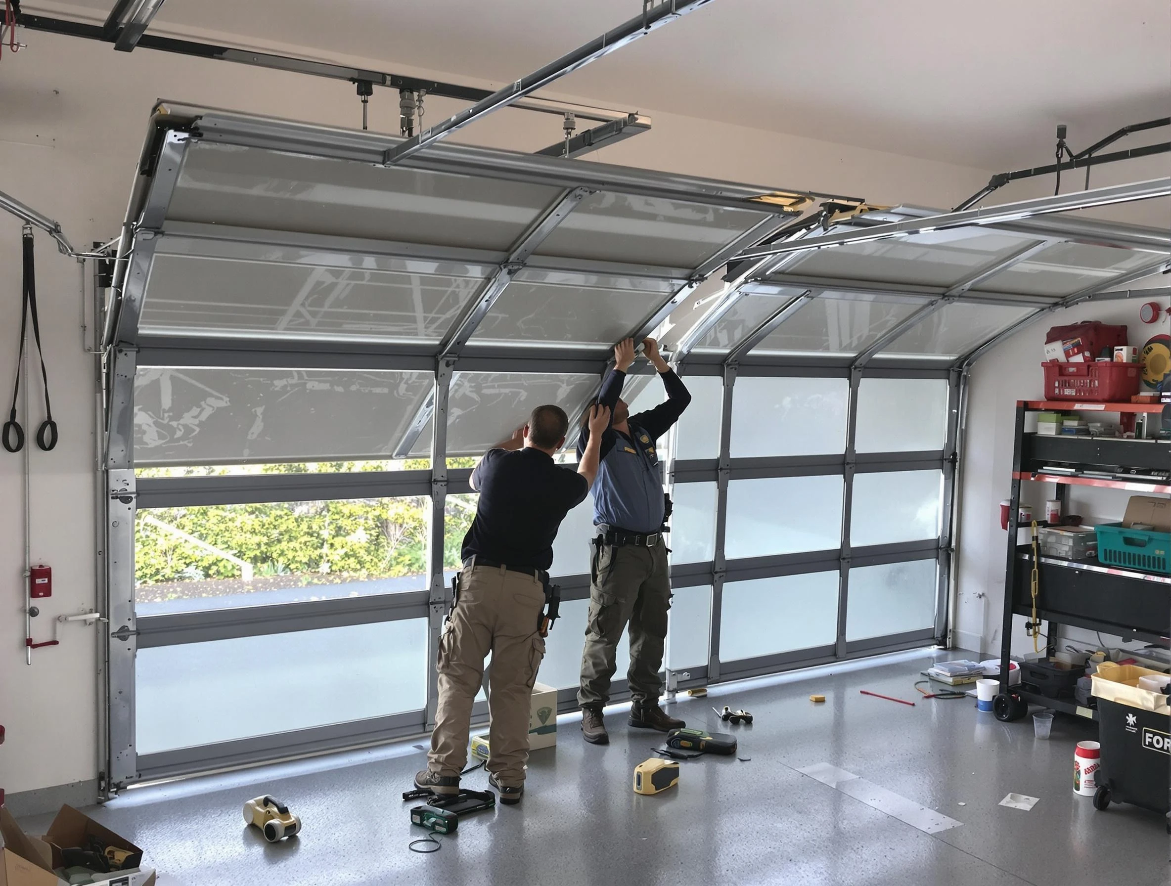 Los Chaves Garage Door Repair expert performing precise panel replacement on Los Chaves garage door